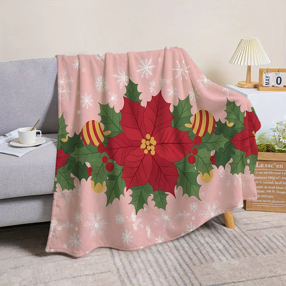 1pc Christmas Red Green Wreath And Snowflake Pattern Flannel Blanket, Soft Comfortable Warm, Pink Design, All-Season Sofa Blanket, Warm Cover, Multiple Sizes Available, Suitable for Living Room Sofa, Bedroom, Casual Reading, Holiday Decor