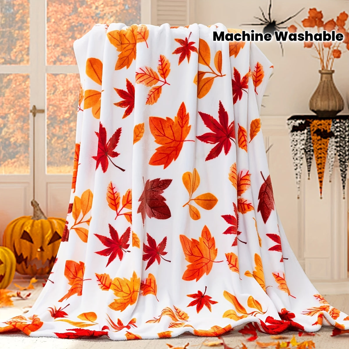 1pc Autumn Leaf Patterned Blanket, Maple Leaf Print Design, Body Cover Blanket, Soft Fleece Plush Surface, Lightweight And Durable, Multiple Sizes Available, Suitable for Halloween Decoration, Living Room Leisure, Bedroom Warmth