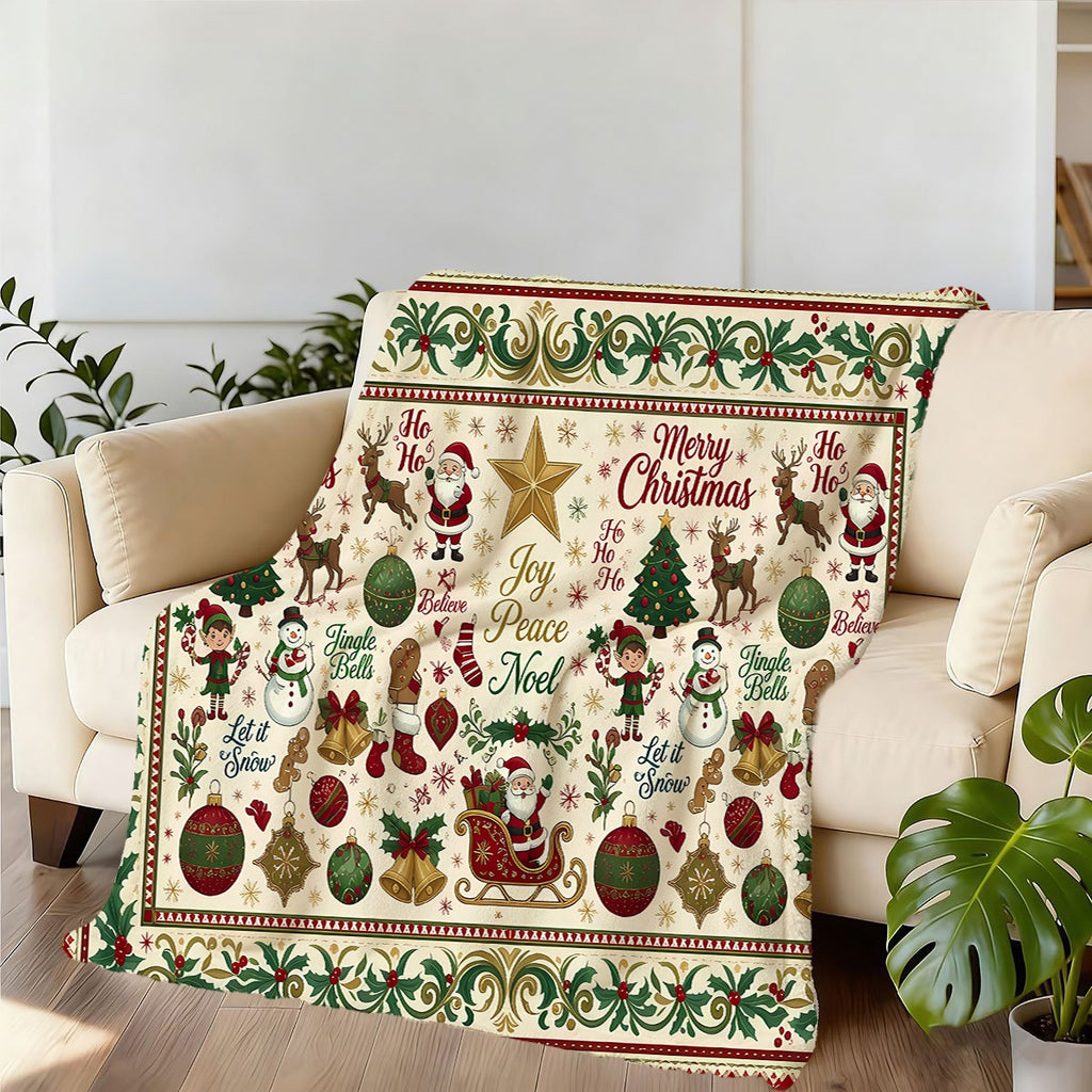 1pc, Santa And Reindeer Pattern Christmas Theme Flannel Blanket, Soft Comfortable Warm, Red Green Golden Design, Durable Plush, All-Season Sofa Blanket, Warm Cover, Multiple Sizes Available, Suitable for Living Room Sofa, Bedroom