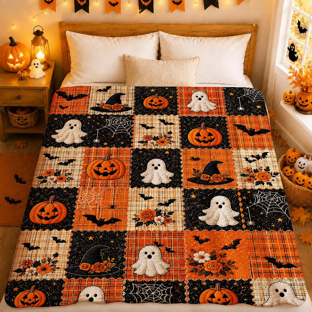 1 Vintage Halloween Throw Blanket, Suitable for Living Room, Bedroom, and Sofa, Orange Plaid with Black Starry Sky Patchwork, Decorated with Pumpkin,, Bat, Spider Web, and Witch Hat Patterns, Soft Flannel Blanket, Ideal for Naps, Travel, and Fall