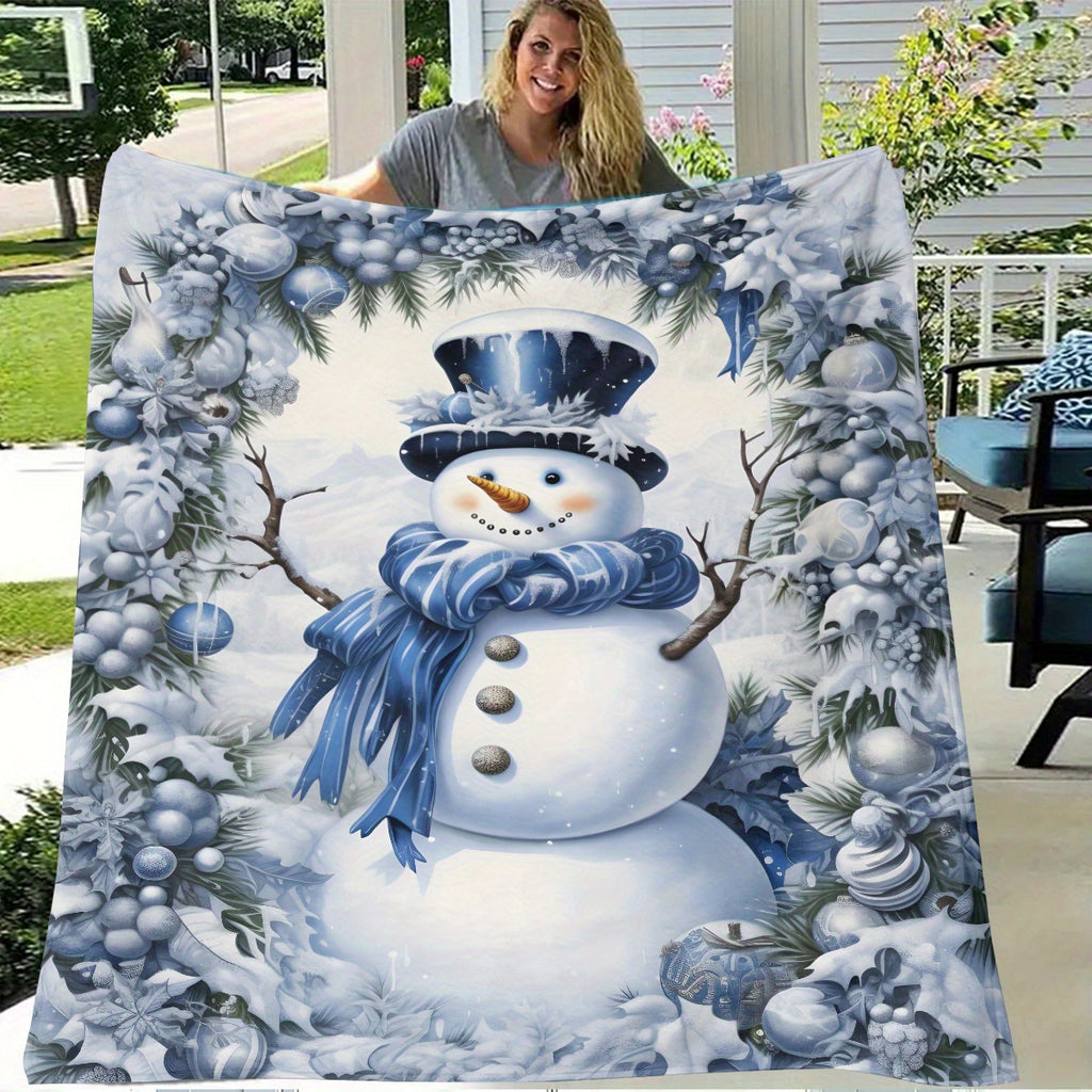 1pc Snowman And Blue White Christmas Decor Pattern Flannel Oversized Blanket, Blue White Main Color Design, Multi-Size Full-Body Blanket, Christmas Winter Decor, Durable Plush, All-Season Use, Suitable for Holiday Home Decor, Reading Time