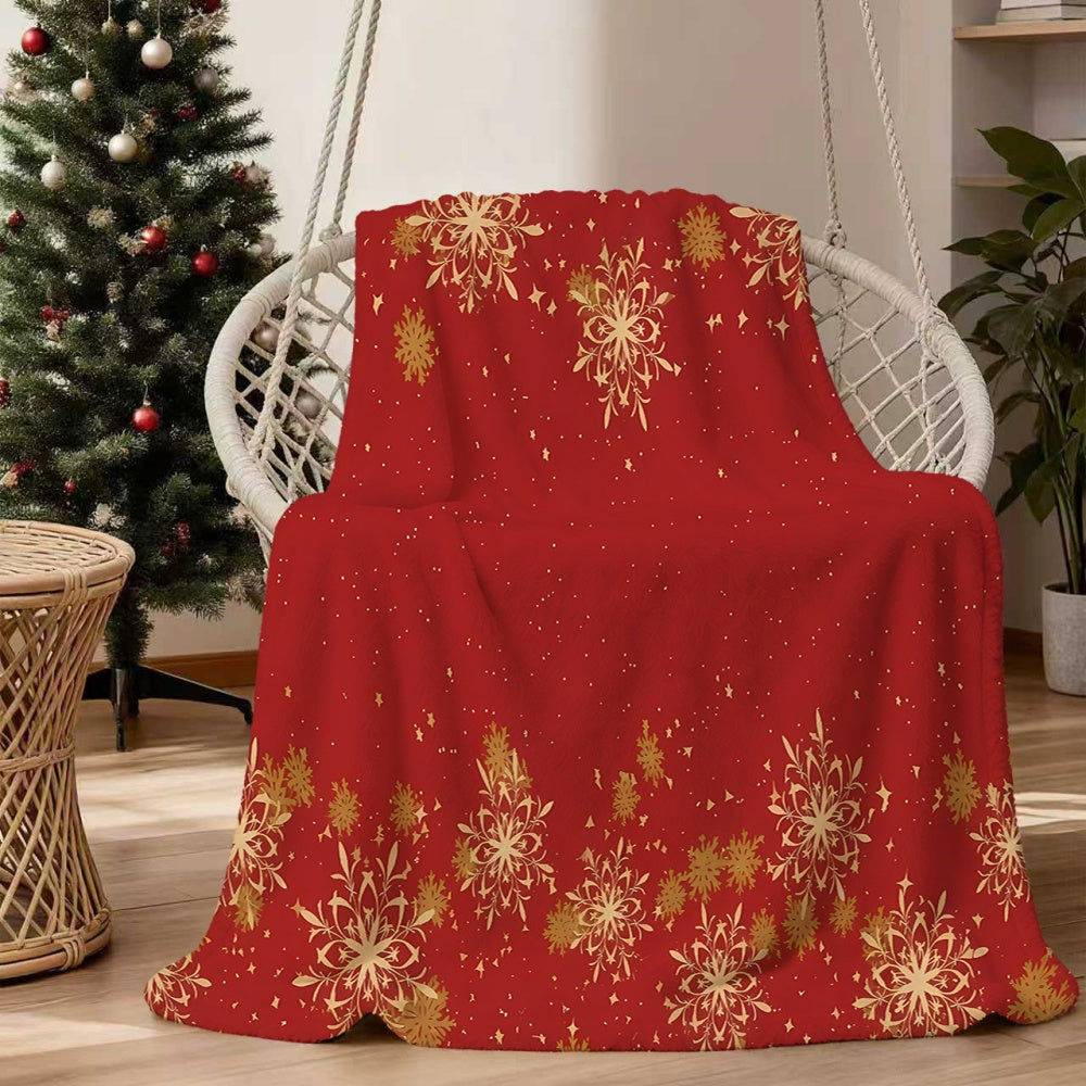 1pc of Golden Snowflake and Star Pattern Christmas-themed Flannel Blanket, Soft, Comfortable, and Warm, with a Red Design. A Four-season Universal Blanket and Warm Throw Blanket, Available in Multiple Sizes. Suitable for Living Room Sofas