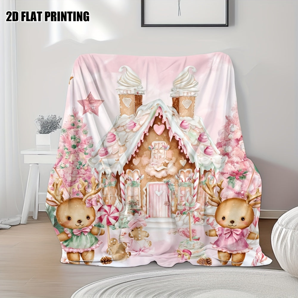1pc Gingerbread House and Cute Bear Pink Themed Flannel Large Blanket, Christmas Winter Decorative Design, Large Plush Throw Blanket, Suitable for Weekend Sofa Naps, Home Naps, Dorm Life
