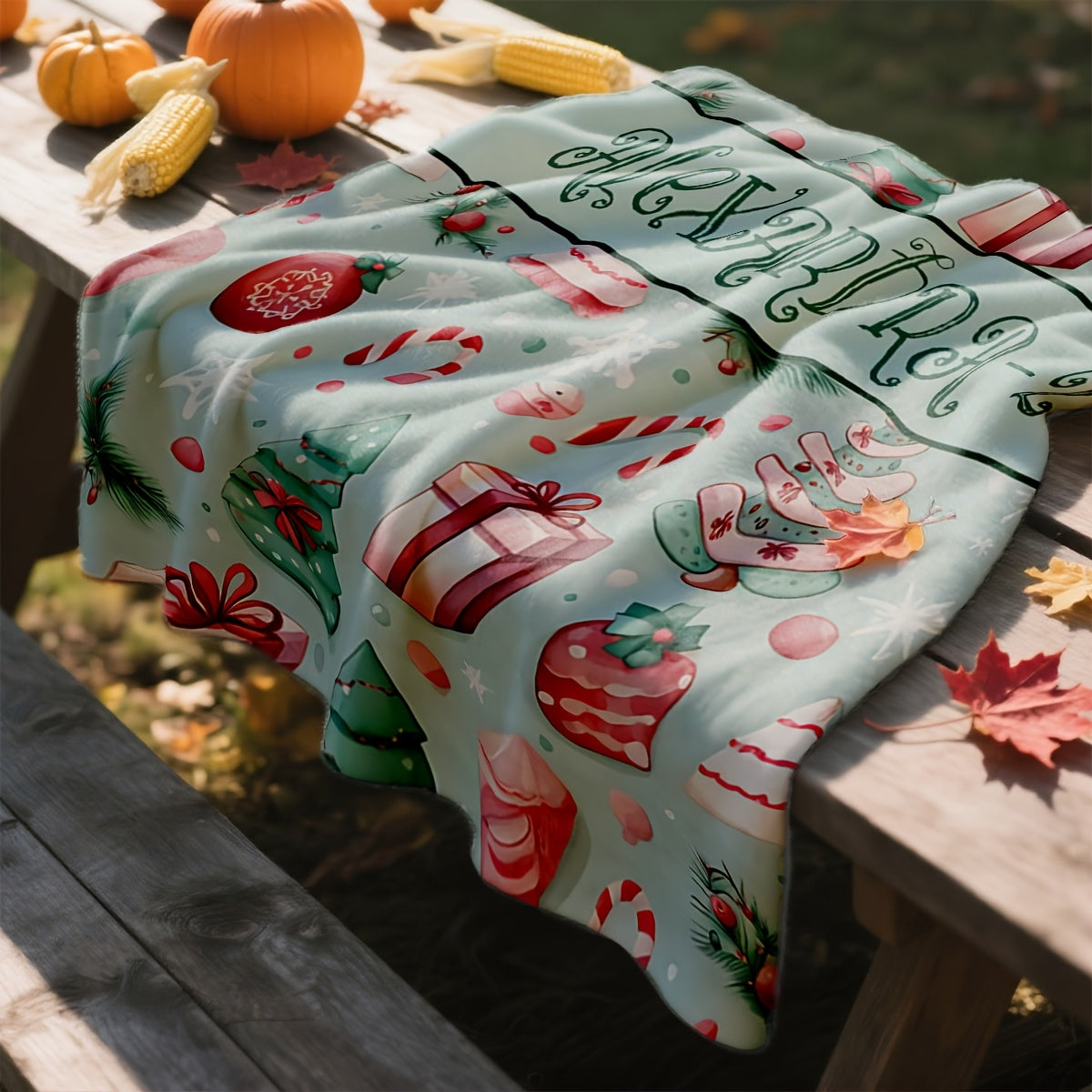 Christmas Blanket with Name (1), Featuring Candy Cane Walking Support, Christmas Tree, Candy, Bow, and Snowflake Designs, Suitable for Travel, RV, Home and Bed Decor, Christmas Festivities