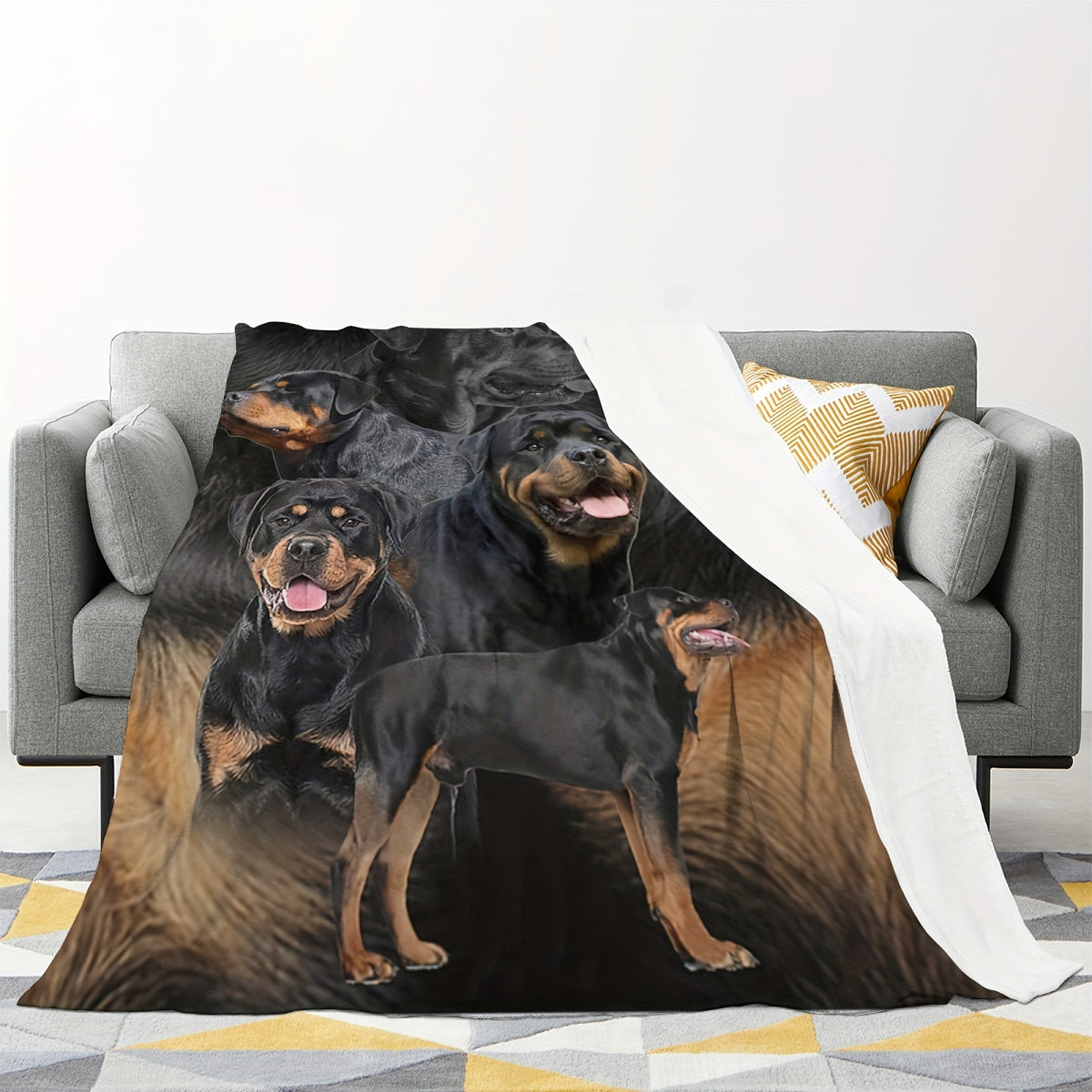 1pc 60x50 Inch Flannel Blanket - Realistic Rottweiler Dog Print, Hypoallergenic Soft Cozy All-Season Throw, Hand Wash Only, Perfect Gift for Dog Lovers, Home Decor & Warmth, Dog Blanket, Vintagestyle Design