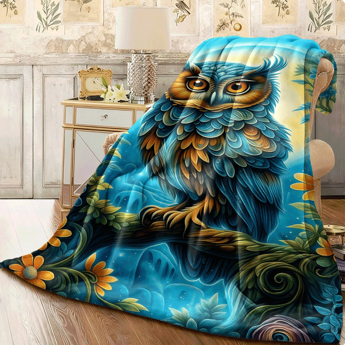 1pc Colorful Owl Print Flannel Blanket Soft Warm All-Season Throw for Sofa Office Camping Travel Vibrant Floral Print Design Perfect Gift for Owl Enthusiasts Cute Blanket