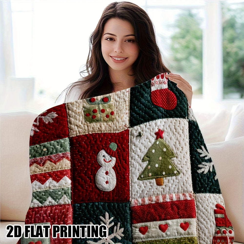 Cozy Christmas Quilt Print Flannel Throw Blanket- Soft, Warm, and Festive Design with Snowmen, Trees, and Holiday Decor- Perfect for Sofa, Bed, Chair, Living Room, or Office- Ideal Gift, Shipped Next Day, 280gsm, Christmas Decorations for Home