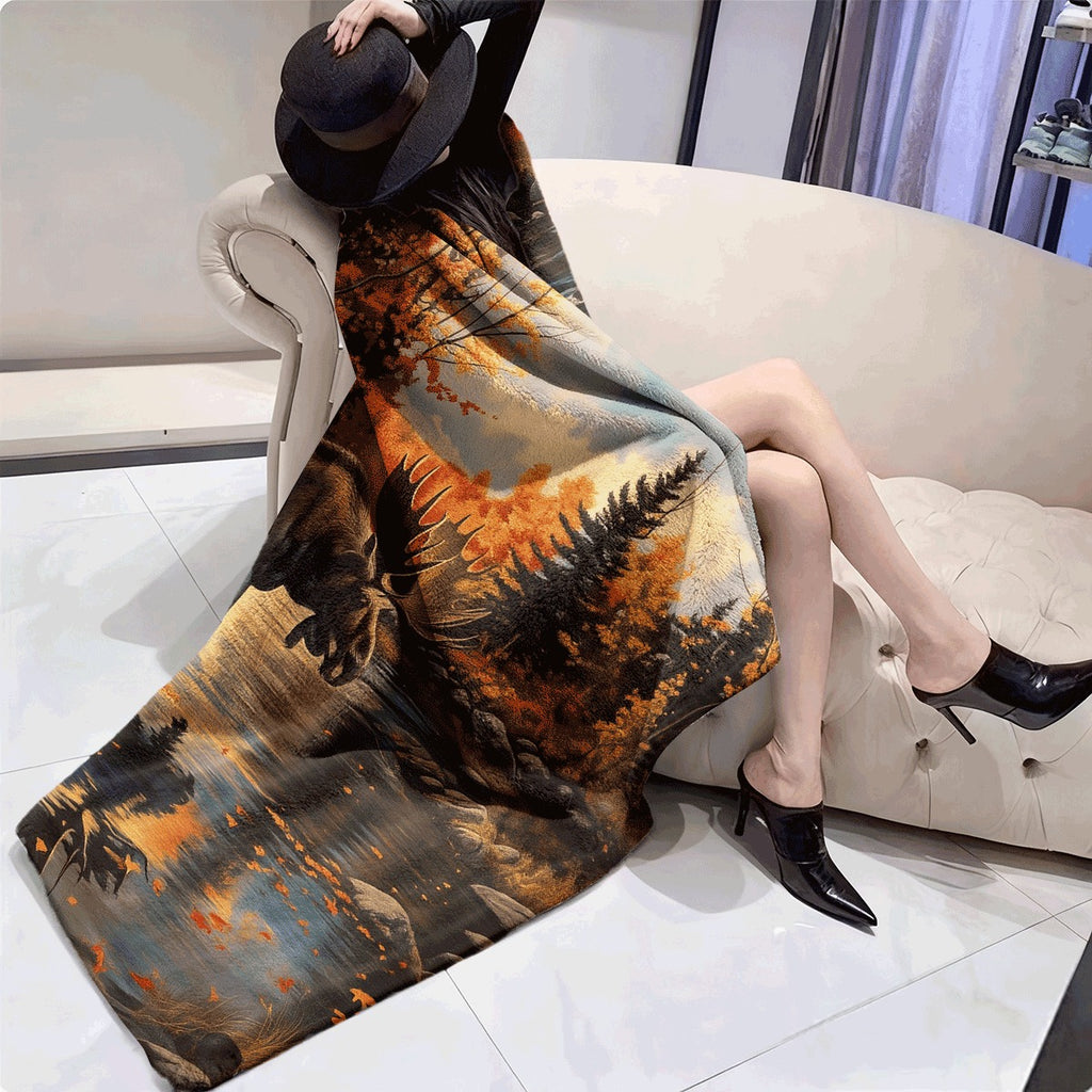 1pc Soft Warm Flannel Throw Blanket Moose in Autumn Forest with Fall Foliage All-Season Couch Office Travel Machine Washable Cozy Gift for Nature Lovers Rustic Cabin Decor in Orange Y