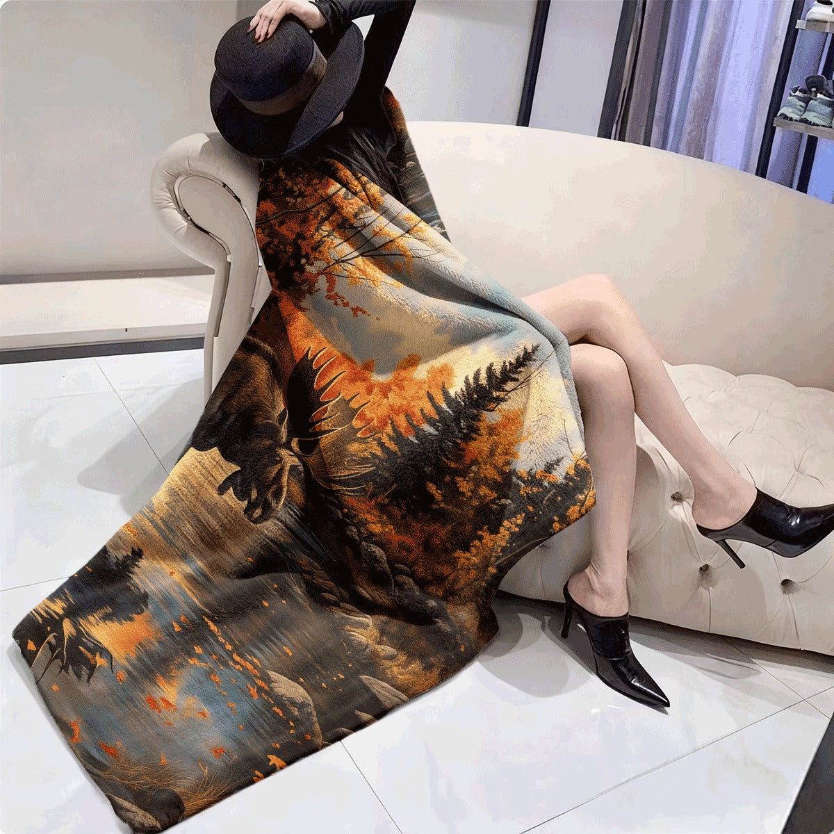1pc Soft Warm Flannel Throw Blanket Moose in Autumn Forest with Fall Foliage All-Season Couch Office Travel Machine Washable Cozy Gift for Nature Lovers Rustic Cabin Decor in Orange Y