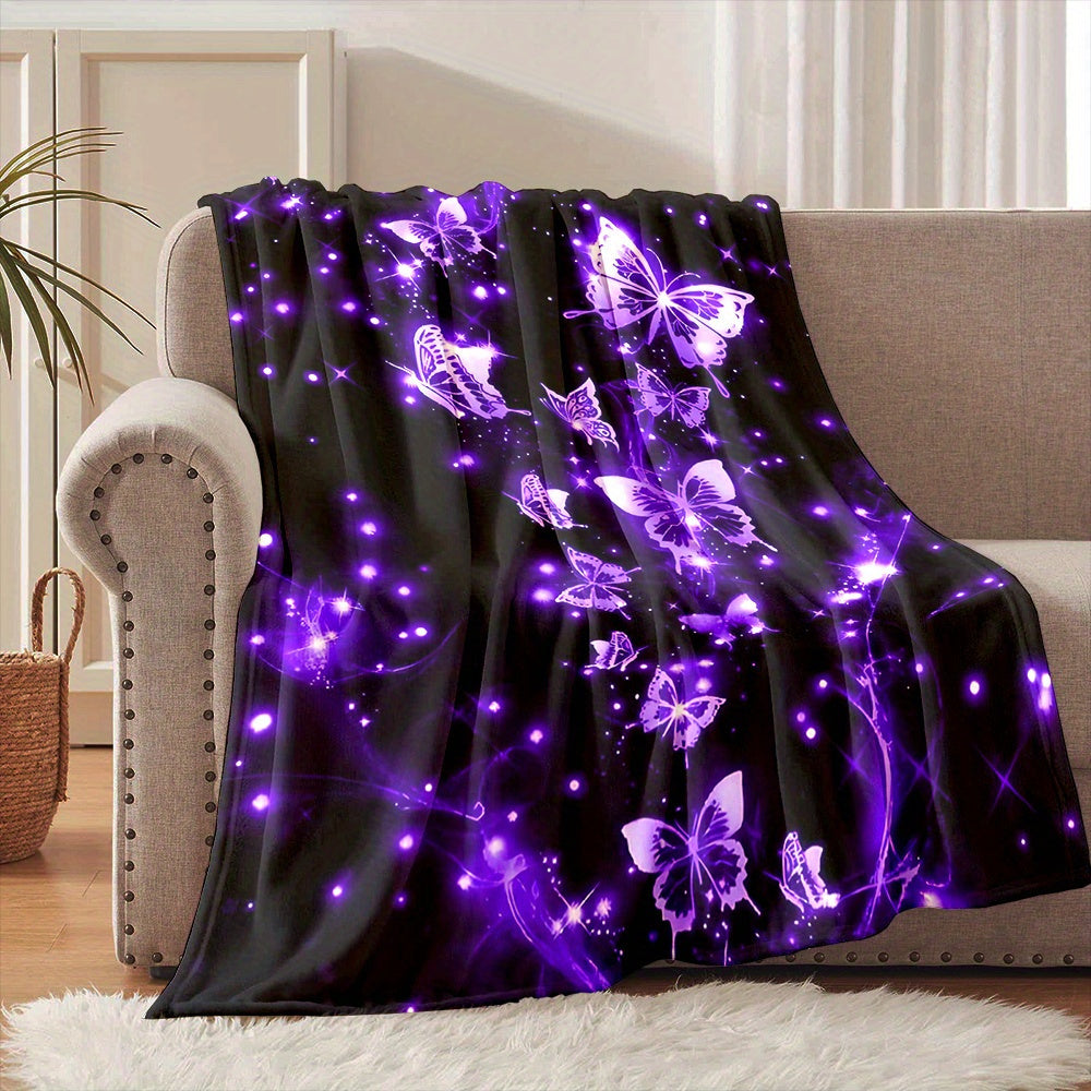 Glow-in-the-Dark Purple Butterfly Flannel Blanket - UV Glow Bedspread Suitable for Bed, Couch, Dorm - 280gsm All-Season Soft Throw with & Purple Glow Under Blacklight, Nighttime Comforter