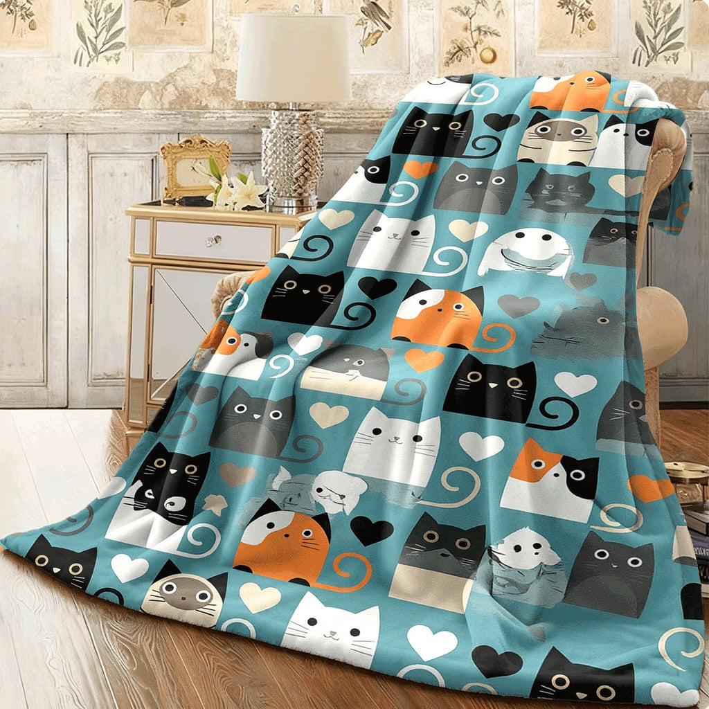1pc Cozy Cartoon Cat Print Flannel Blanket Soft Warm All-Season Throw for Sofa Travel & Nap Machine Washable Pet Blanket with Playful Kitty & Heart Design Gift for Cat Lovers Cat Bla