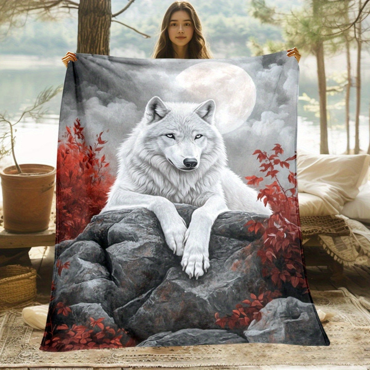 1pc 2D Flat Printing, White Wolf And Red Leaf Moon Pattern Blanket, Soft Fleece Blanket, Gray And Red Design, All Seasons, Warm Throw, Multiple Sizes Available, Suitable for Living Room, Bedroom, Sofa,, And Reading Area