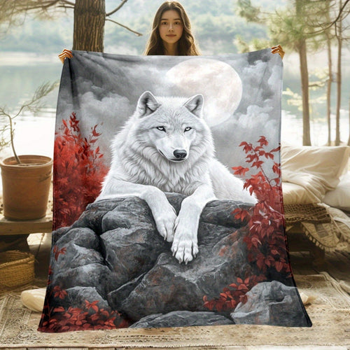 1pc 2D Flat Printing, White Wolf And Red Leaf Moon Pattern Blanket, Soft Fleece Blanket, Gray And Red Design, All Seasons, Warm Throw, Multiple Sizes Available, Suitable for Living Room, Bedroom, Sofa,, And Reading Area