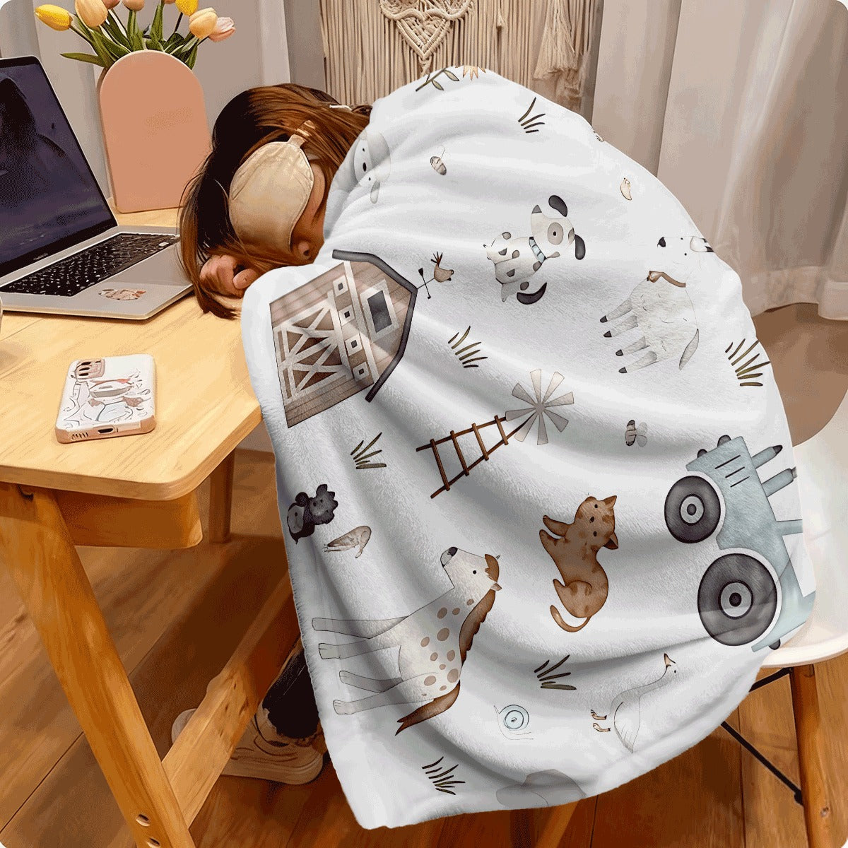1pc Cute Farm Animal & Vehicle Pattern Flannel Blanket Soft Throw with Tractor Barn Chickens Goats & Sunflowers Cozy All-Season Blanket for Room Room Decor Lightweight Plush