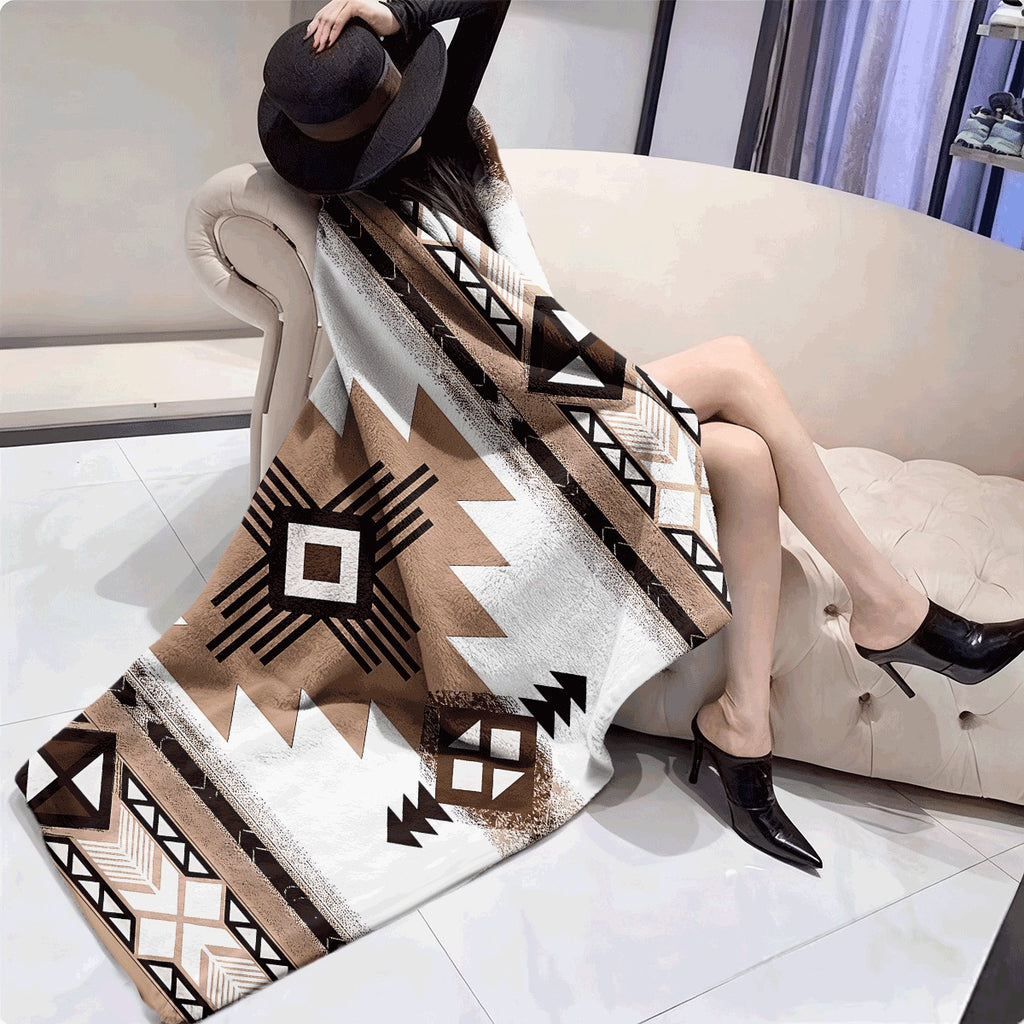 1pc Tribal Geometric Flannel Blanket Ethnic Abstract Pattern Soft Throw Cozy All-Season Flannel Fabric for Sofa Unique Traditional Design Spread Decor
