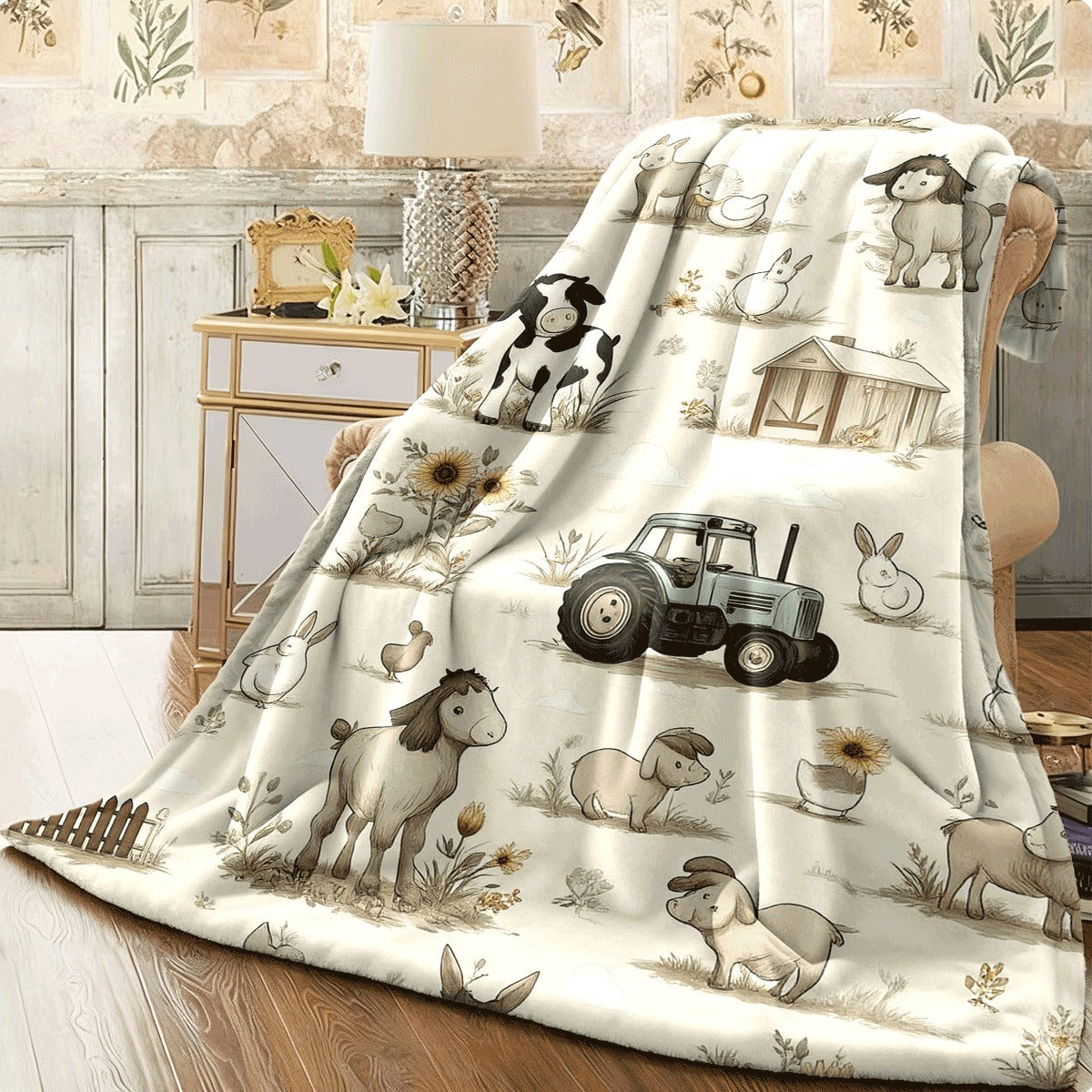 1pc Farm Animal Theme Ultra Soft Flannel Blanket Beige with Cute Cows Bunnies Tractor Sunflower Pattern Cozy All-Season Sofa Throw Comfortable Decorative Blanket for Home And Nursery