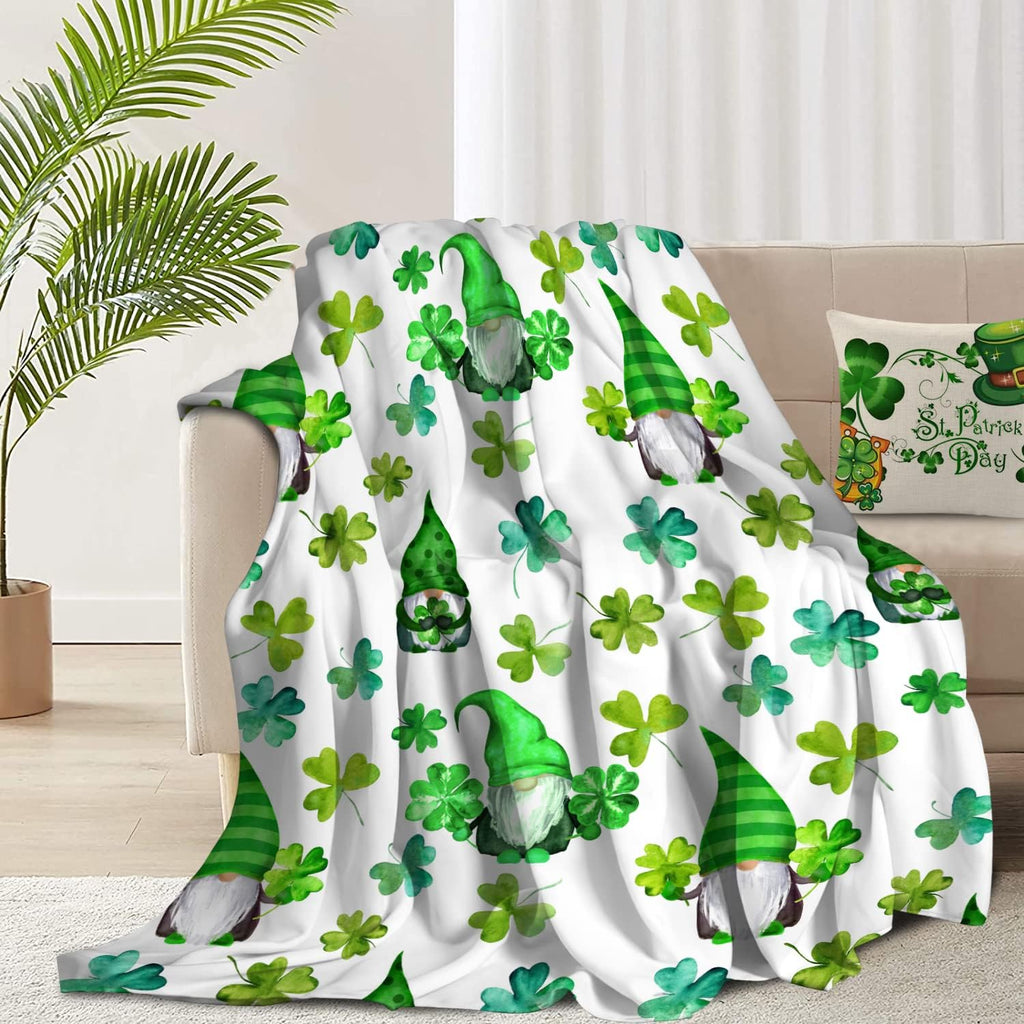 Jbralid St. Patrick'S Day Clover Gnome Throw Blanket in Green, Featuring a Soft, Lightweight, And Durable Flannel Design, Perfect for Decorating Your Sofa, Couch, Or Bedroom. Measures 40X50 Inches