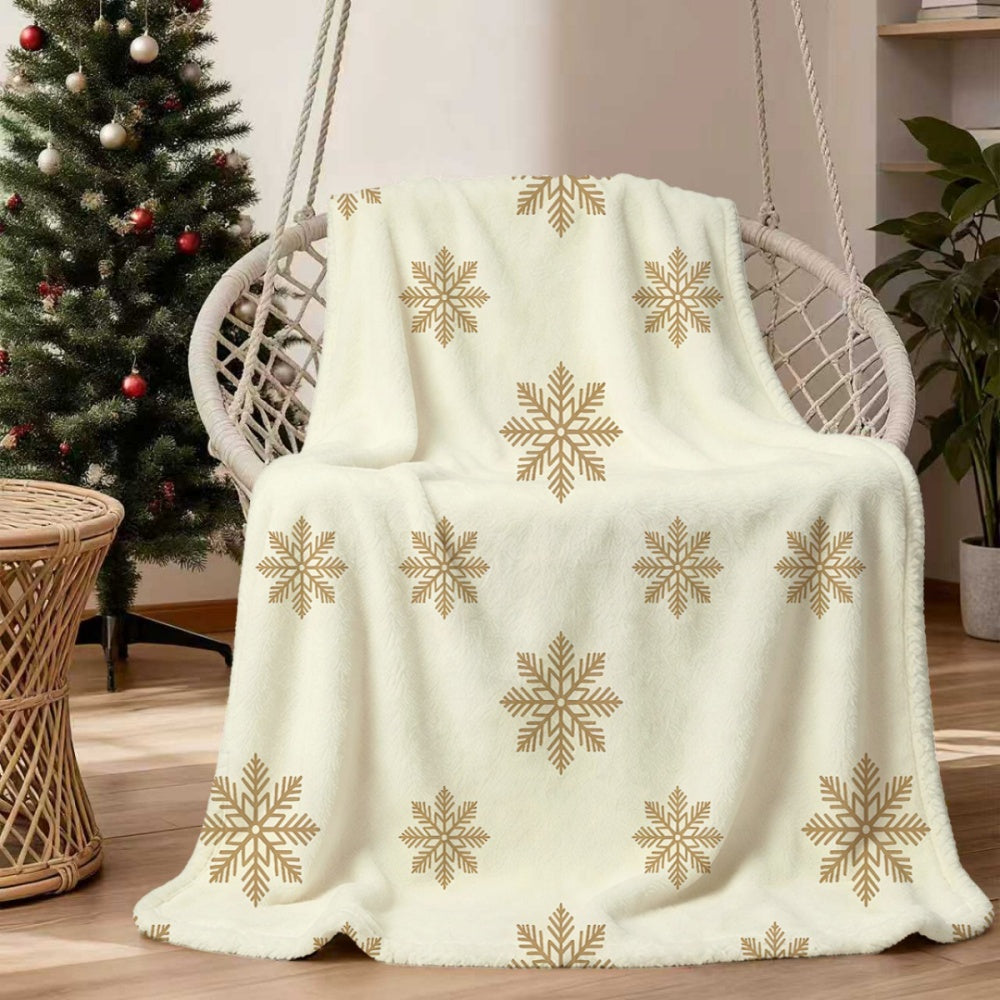 1pc, 1pc Golden Snowflake Pattern Christmas-themed Flannel Blanket, Soft, Comfortable, and Warm, Cream White Design, Durable Plush Surface, All-season Universal Sofa Throw, Warm Lap Blanket, Multiple Sizes Available, Suitable for Living Room Sofas