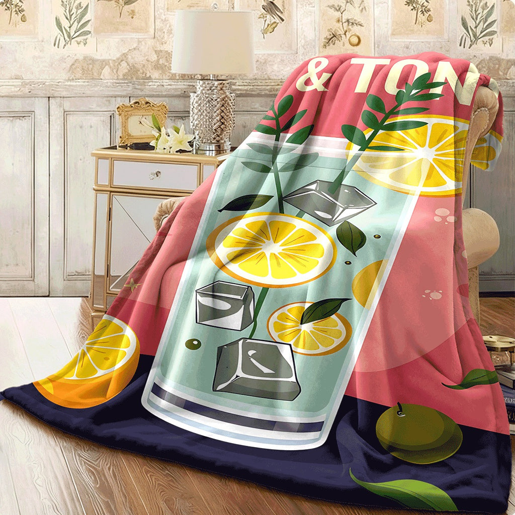 1pc Gin & Tonic Flannel Blanket Vibrant Retro Roostertail Print with Lemons Ice and Herbs Soft Cozy Throw for Sofa Colorful Summer Drink Themed Flannel Fabric