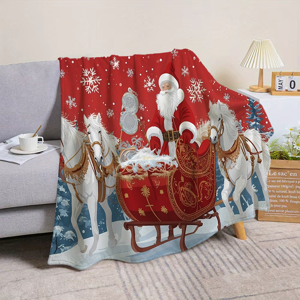 1pc Santa Claus Sleigh with White Horse Pattern Red Flannel Blanket, Soft, Comfortable, and Warm, Festive Design, All-season Universal Sofa Throw, Warm Cover Blanket, Multiple Sizes Available, Suitable for Living Room Sofas, Bedroom