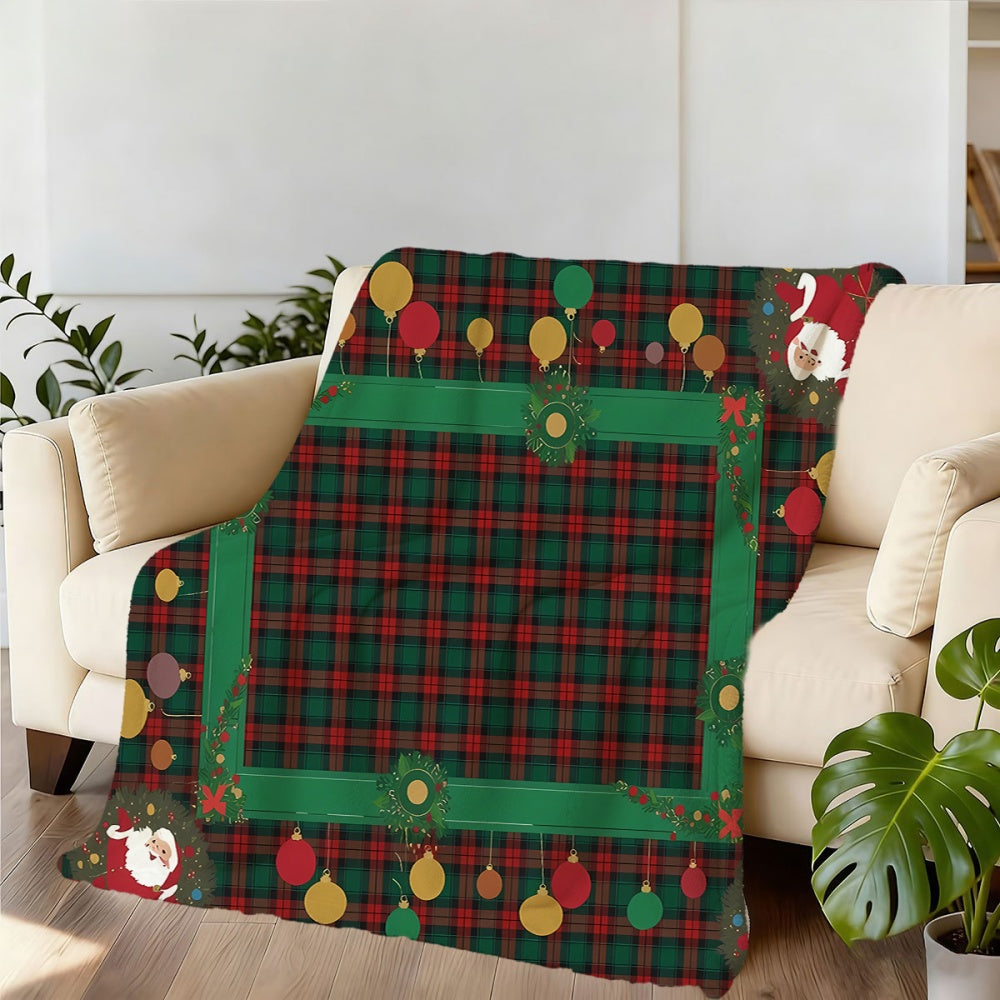 1pc Santa Claus and Christmas Ornament Pattern Red Plaid Flannel Blanket, Soft, Comfortable, and Warm, Classic Red and Green Design, All-season Throw, Warm Lap Blanket, Available in Multiple Sizes, Suitable for Living Room Sofas, Bedroom