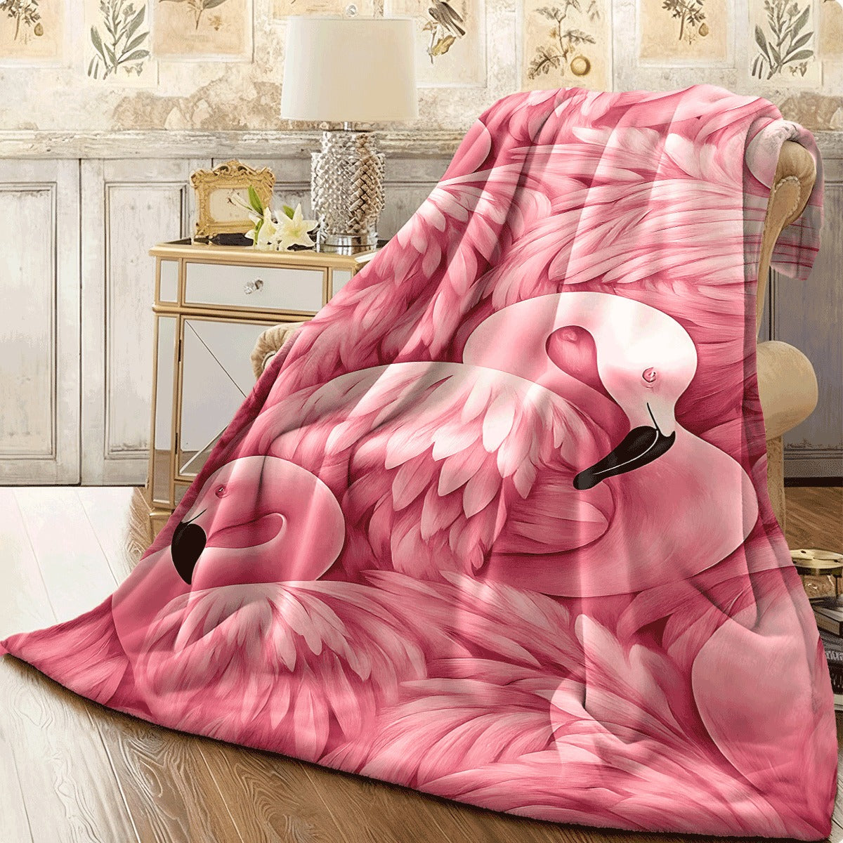 1pc Blush Pink Flamingo Patterned Flannel Blanket Soft Cozy All-Season Throw with Feathery Texture for Couch Sofa Lightweight Fleece Material with Exquisite Flamingo Prints