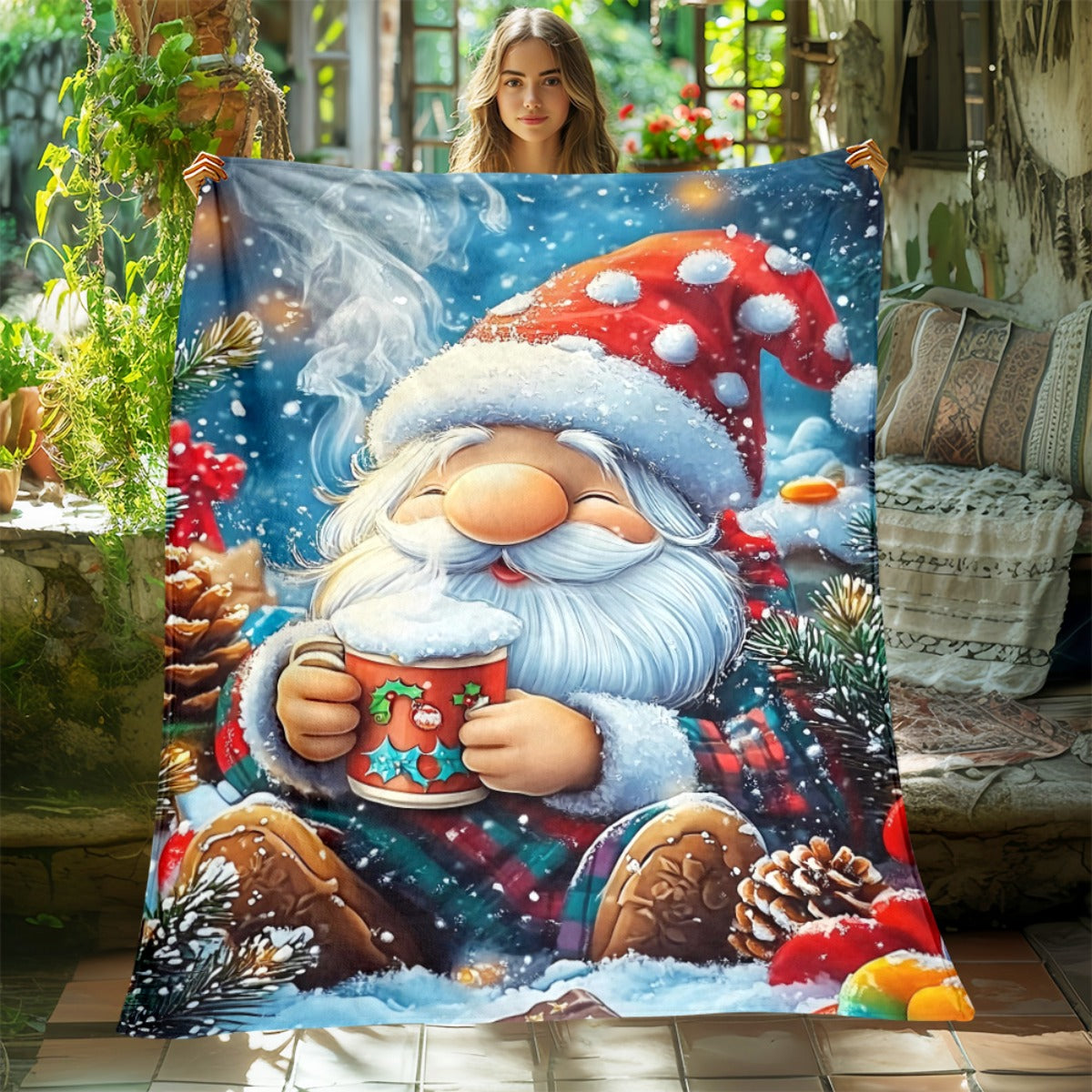 1pc Santa Claus Holding Hot Drink Pattern Red Blanket, Large Plush Throw Blanket, Suitable for Weekend Sofa Naps, Movie Entertainment Time, Bedside Decor