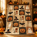 1pc Vintage Country Style Halloween Flannel Blanket, Cream-colored Plaid Pattern with Jack-o'-Lantern, White, Black Bat, and Autumn Floral Patchwork Style Print, Cozy 2D Bedspread, Suitable for Bedroom, Sofa, Bed, and Fall Home Decor