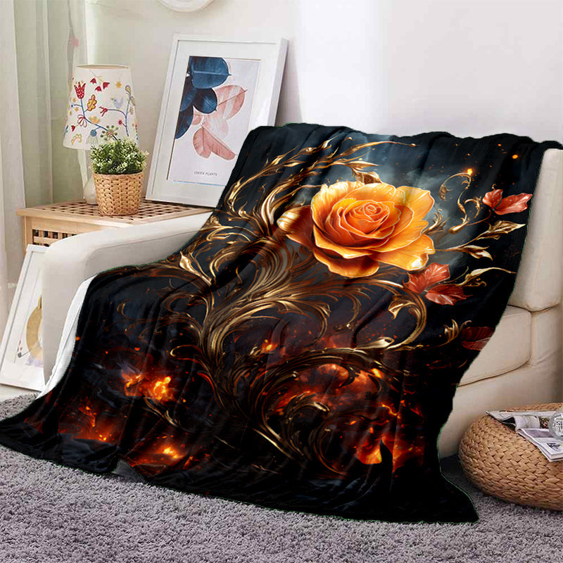 1pc Golden Rose Print Blanket, Romantic Artistic Throw, Ultra-Warm Soft And Comfortable, Flannel Blanket, Multi-Size Available, Suitable for Living Room, Bedroom, Balcony, Courtyard