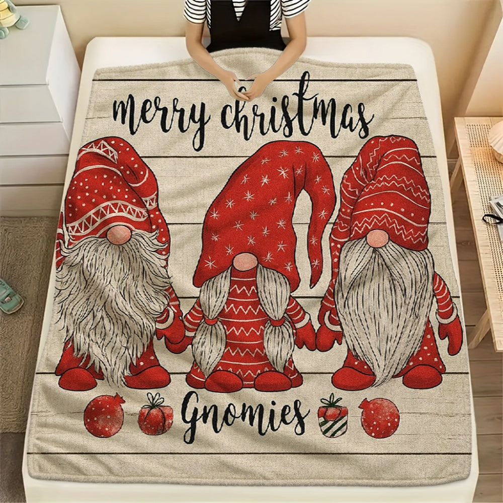 1pc Christmas Red "Gnomies" Pattern Cream Beige Flannel Blanket, Festive Warm Design, Soft Plush All-Season Use, Suitable for Reading Time, Home Nap, And Holiday Decor