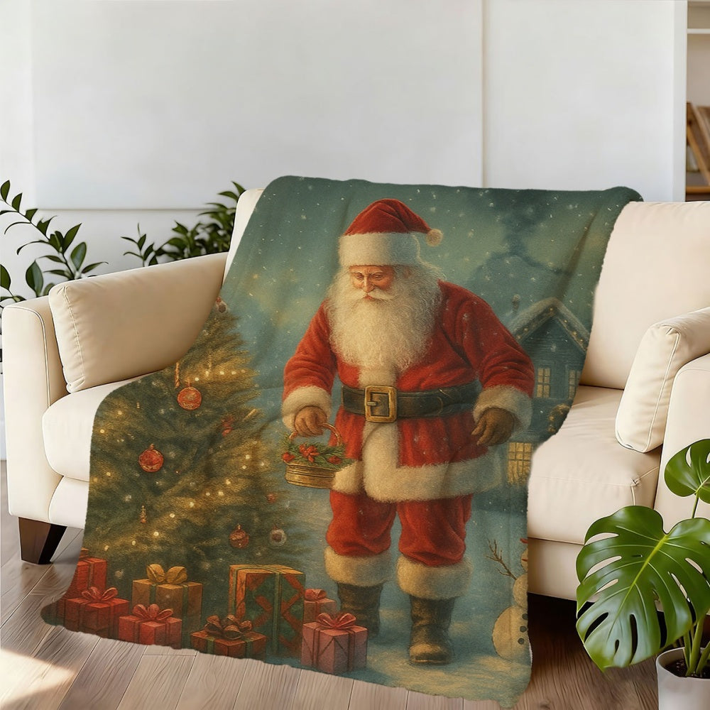 1pc, 2D Flat Santa Claus And Christmas Tree Theme Flannel Blanket, Soft Comfortable Warm, Red And Green Festive Design, Durable Plush Surface, All Seasons, Warm Throw Blanket, Suitable for Reading Time, Dorm Life, Weekend Sofa Nap