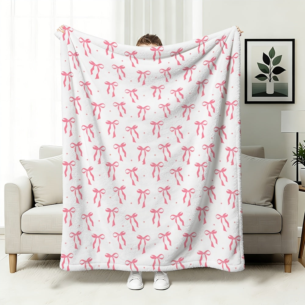 1pc, Flannel Pink Bow Soft And Comfortable Plush Blanket, Christmas Tree Winter Warm Fleece Blanket, Suitable for Sofa, Nap, Large Size Fluffy Comfortable Decorative Sofa Living Room Gift