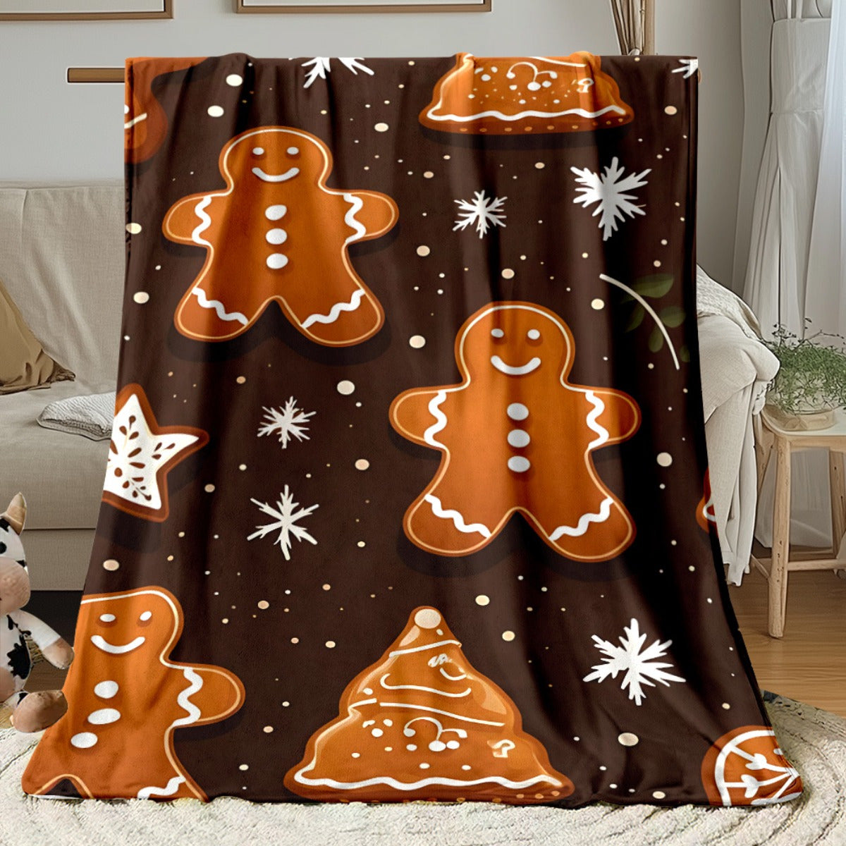 1pc Gingerbread for Man and Snowflake Christmas Themed Brown Flannel Large Blanket, Holiday Decorative Design, Large Plush Throw Blanket, Suitable for Weekend Sofa Naps, Bedroom Bed Use, and Seasonal Home Use