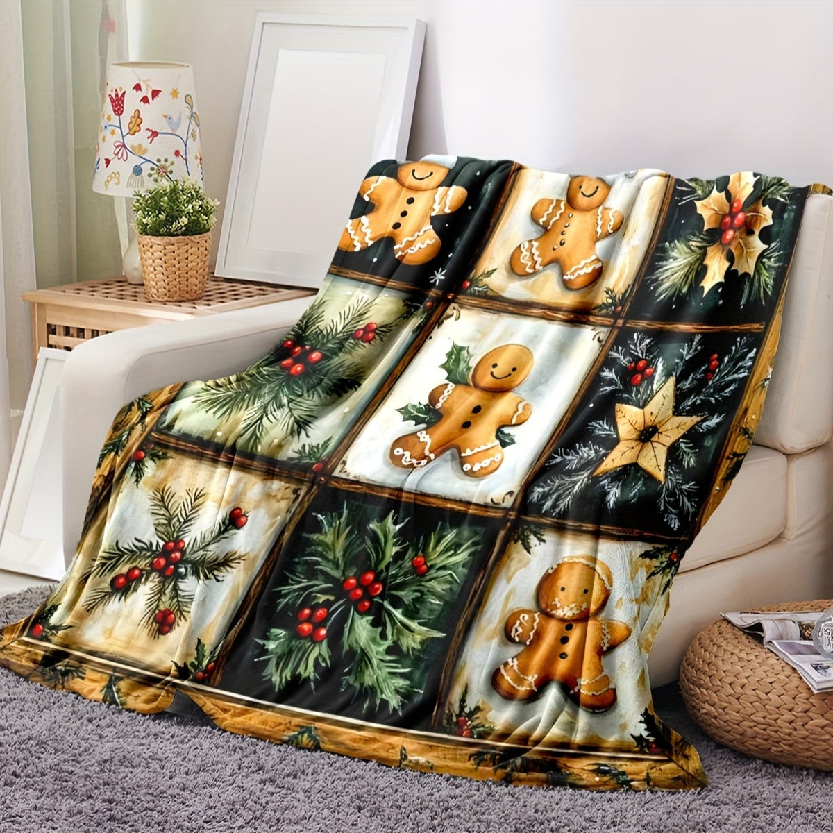 Holiday Christmas Blanket - Vintage Gingerbread Man, Teddy Bear, And Gift Plaid Flannel Blanket - Suitable for All Seasons, Warm, Soft, Comfortable, Modern Style, Digitally Printed, 100% Polyester, 200-250G Per Square Meter