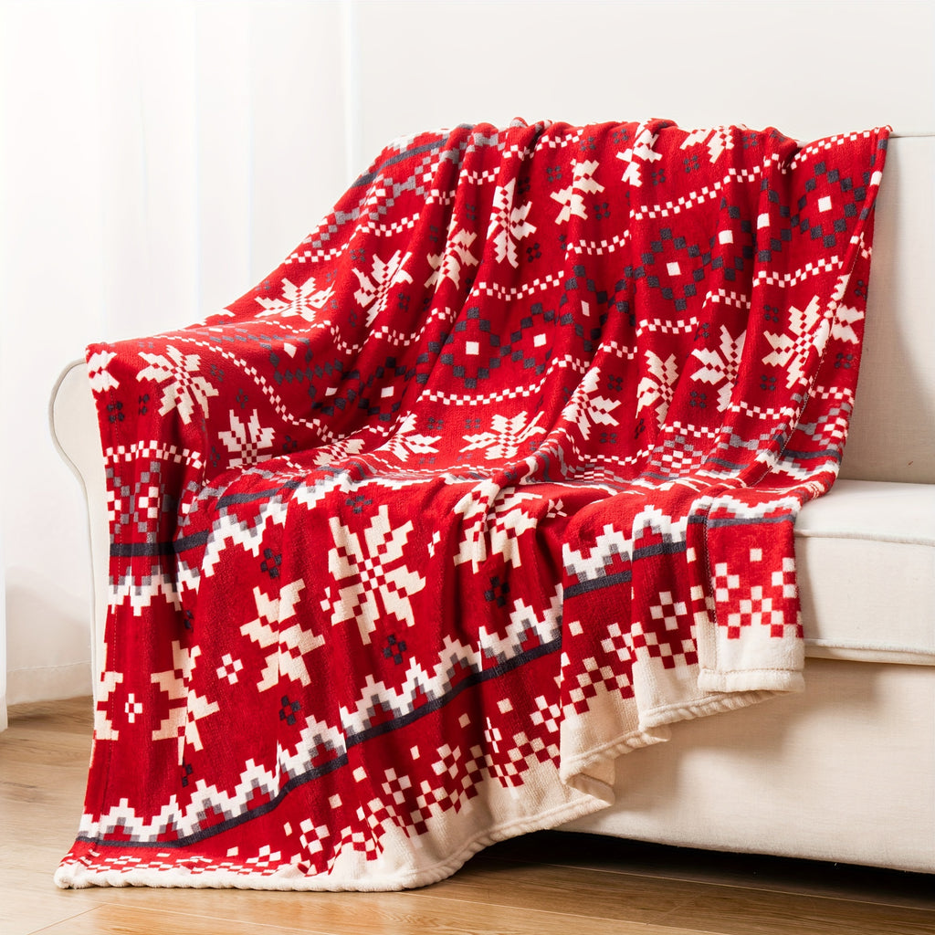 1pc, Red Snowflake-themed Flannel Blanket, Soft, Comfortable, and Warm, Red Design, Durable Plush Surface, All-season Universal Sofa Blanket, Thermal Throw Blanket, Multiple Sizes Available, Suitable for Living Room Sofas, Bedroom