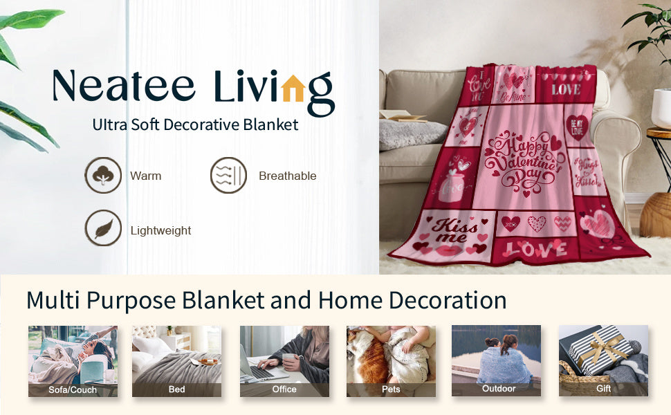 Neatee Living Valentine'S Day Decorative Throw Blanket 50 by 60 in Pink Plaid with Love Hearts, Ideal Gift for Girlfriend, Wife, Or Couples, Soft Flannel Blanket for Couch, Sofa, Or Bed
