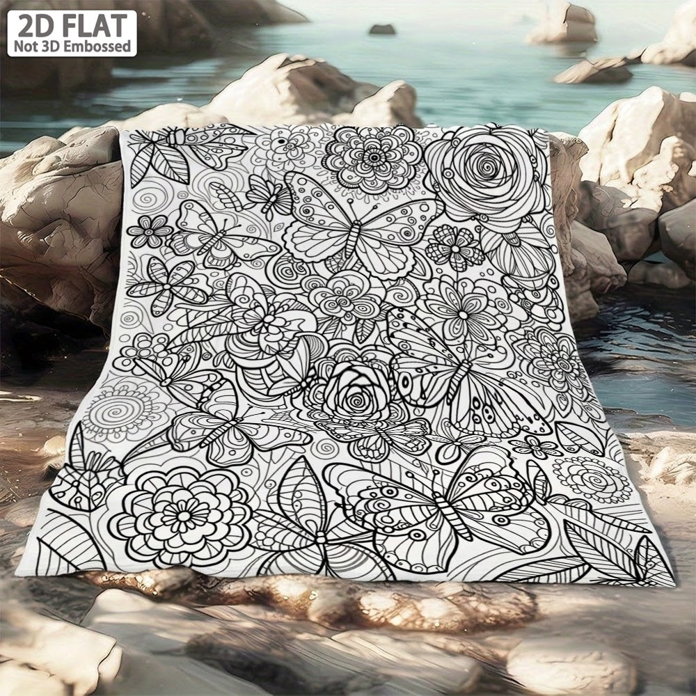 1pc Black And White Butterfly Floral Patterned Blanket, Artistic Style Design, Soft Plush Surface, Flannel Material Lightweight And Durable, Multiple Sizes Available, Ideal for Holiday Gatherings, Living Room Leisure, Bedroom Sleep, Study Reading