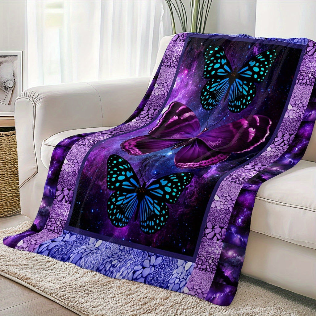 Purple Butterfly Flannel Blanket- Modern Style Reversible Digital Print Animal Theme, Suitable for All Seasons, Multifunctional Microfiber Bedding, Machine Washable- Moon Palace