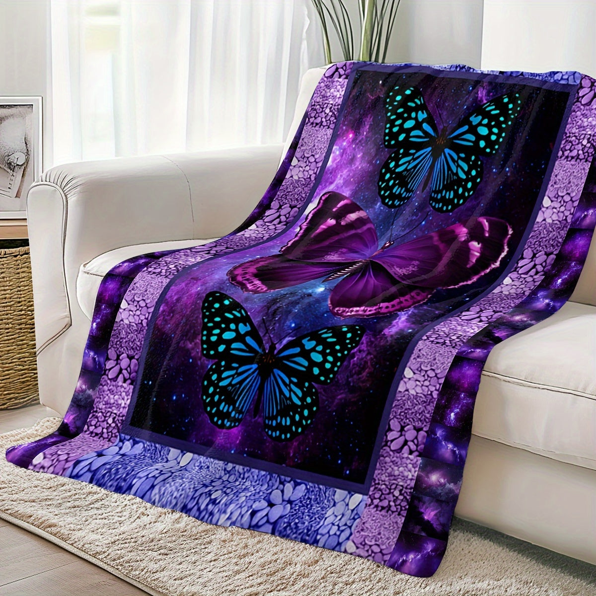 Purple Butterfly Flannel Blanket- Modern Style Reversible Digital Print Animal Theme, Suitable for All Seasons, Multifunctional Microfiber Bedding, Machine Washable- Moon Palace