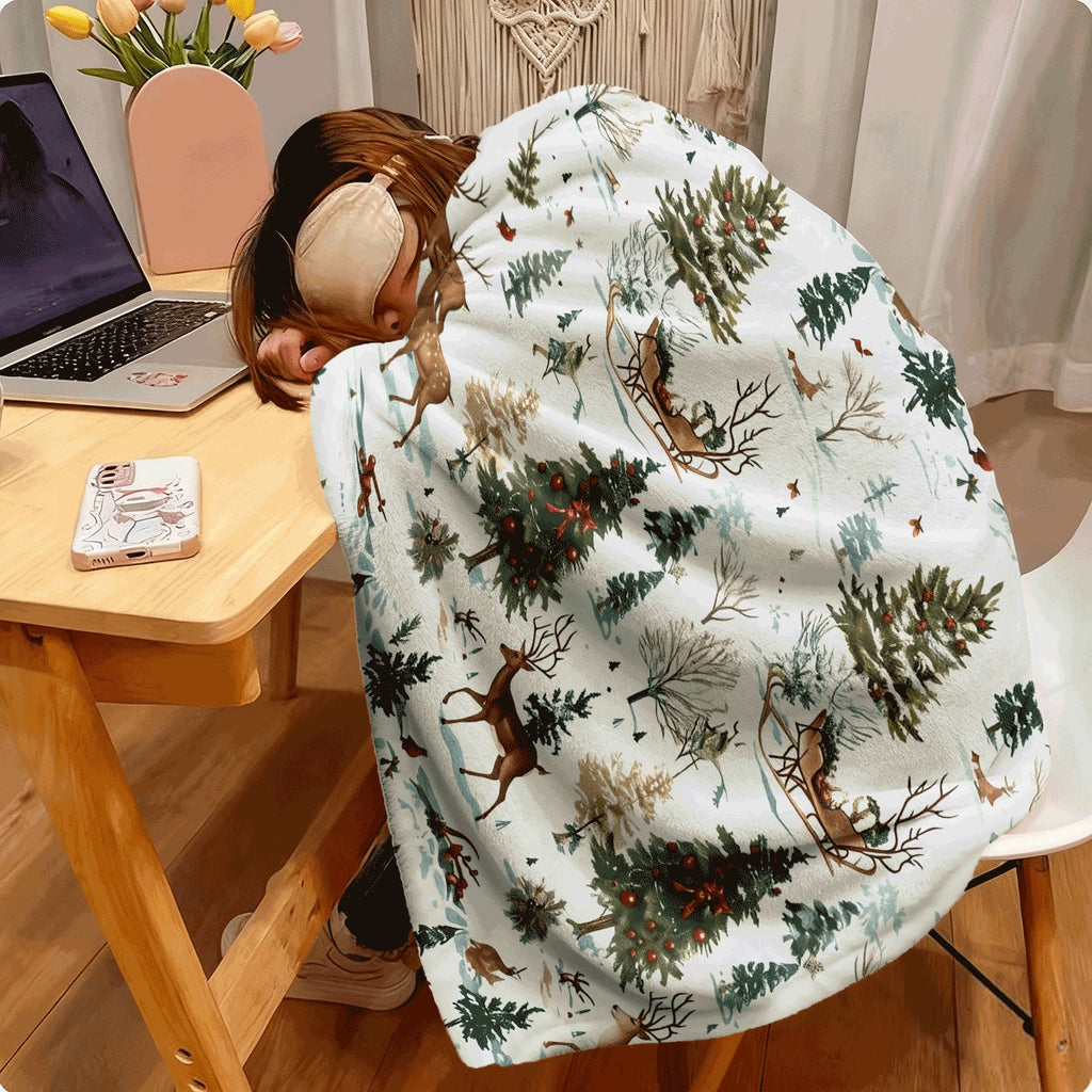 1pc Christmas-Themed Flannel Blanket Soft Lightweight & Warm All-Season Cozy Throw with Deer & Pine Tree Design Perfect for Sofa Office Camping
