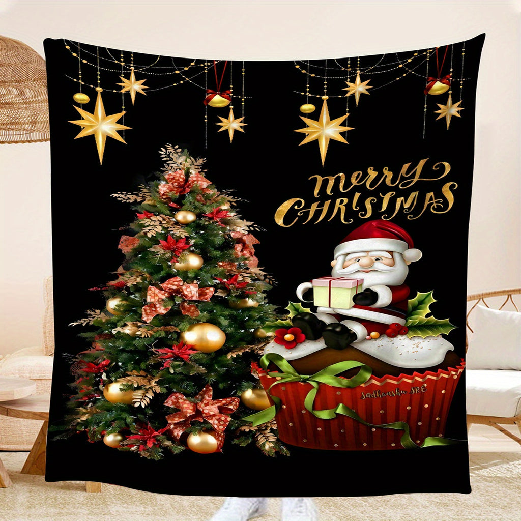 1pc 2D Flat Printing Santa Claus And Christmas Tree Theme Blanket - Soft And Comfortable, Black Background with Golden Stars And Red Decor Style, Multiple Sizes Available, Suitable for Living Room, Bedroom, Sofa, Sofa Headrest, And Holiday Decor