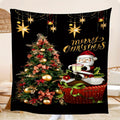 1pc 2D Flat Printing Santa Claus And Christmas Tree Theme Blanket - Soft And Comfortable, Black Background with Golden Stars And Red Decor Style, Multiple Sizes Available, Suitable for Living Room, Bedroom, Sofa, Sofa Headrest, And Holiday Decor
