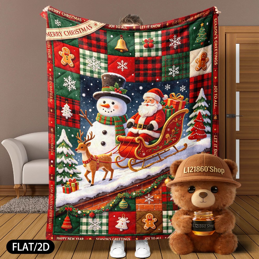 Flat/2D Digital Print Flannel Blanket Cover Blanket, Christmas And New Year Country Patchwork Pattern, Santa Claus Sleigh, Big Snowman, Reindeer, Gingerbread Man Christmas Tree Bell Snowflake Elements, Soft And Warm And Comfortable