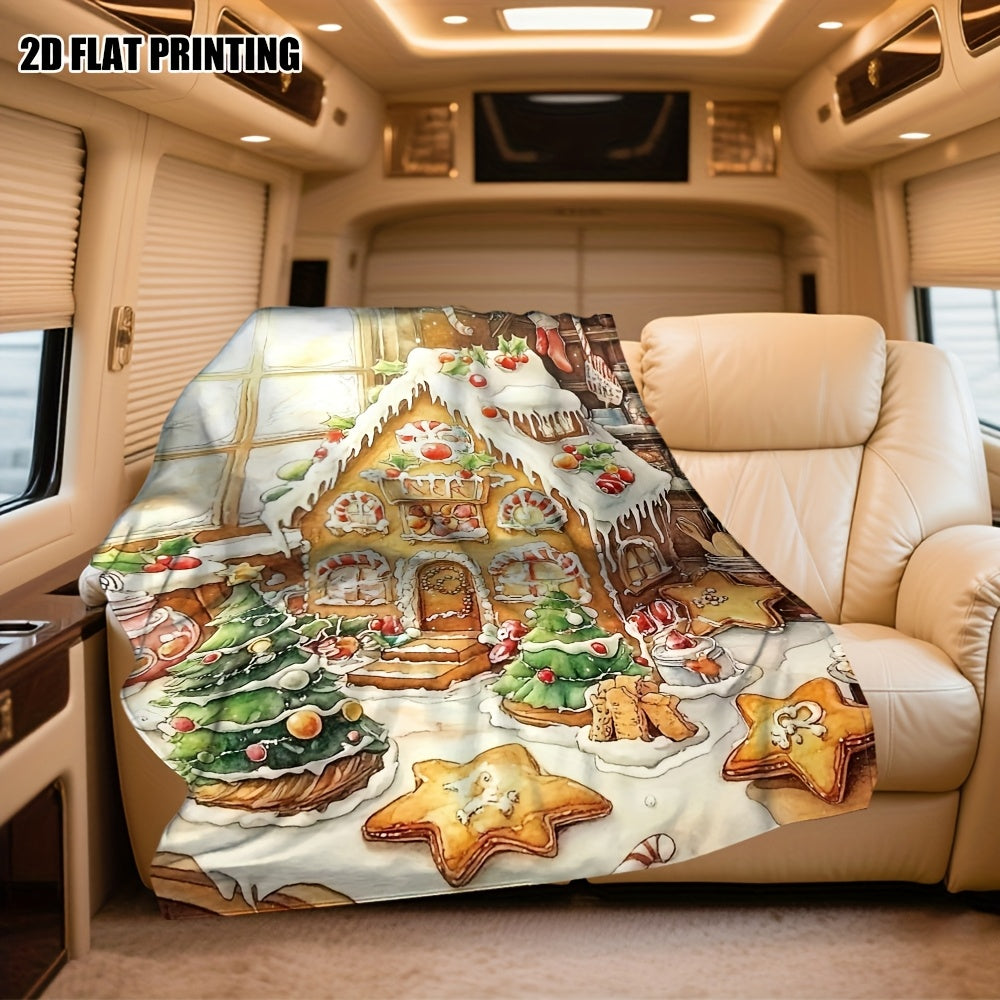 1pc Gingerbread House And Christmas Tree Theme Flannel Oversized Blanket, Festive Decor Design, Large Plush Throw, Suitable for Reading Time, Dorm Life, Balcony Leisure