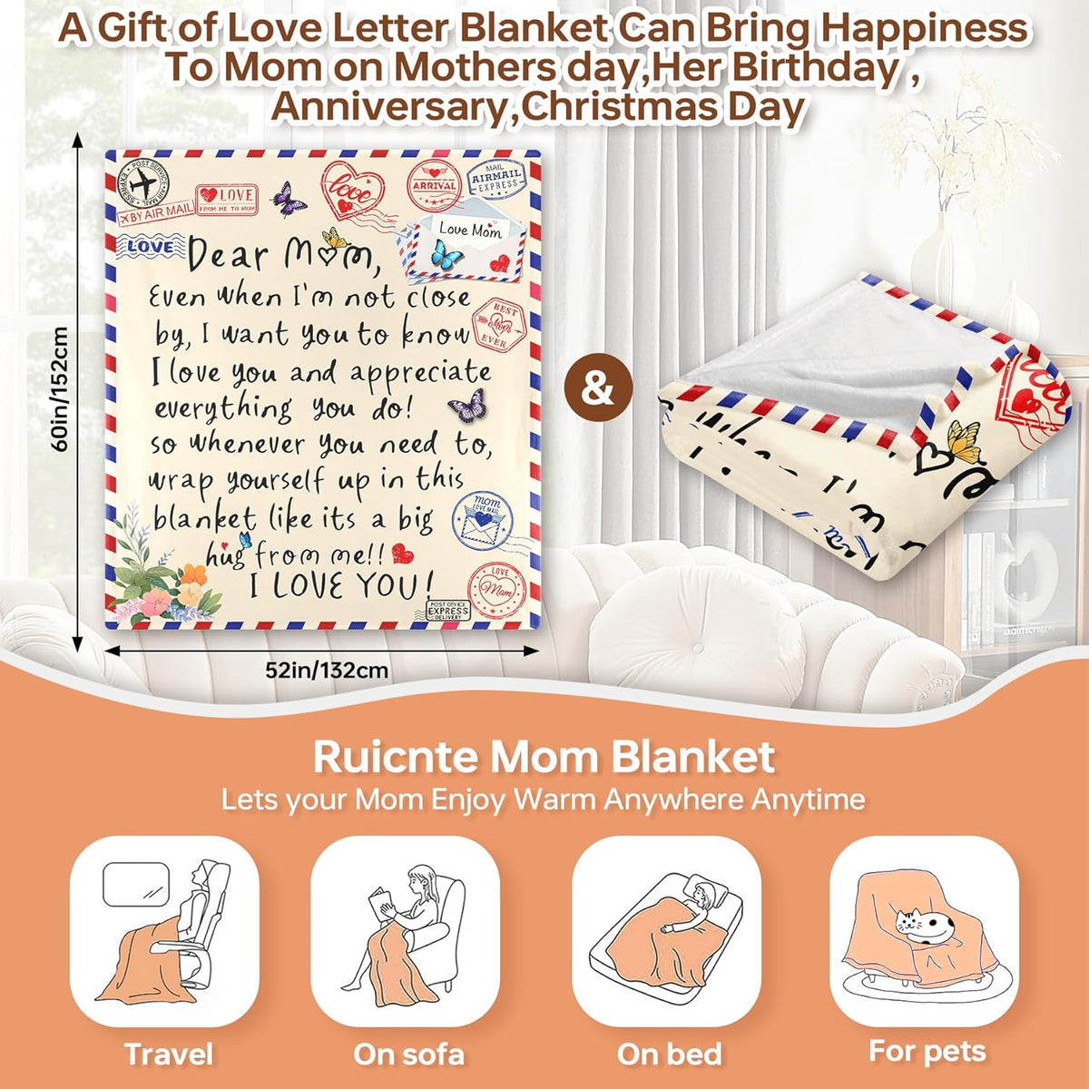 Christmas Valentines Throw Blankets Gifts for Mom from Daughter Son 52x60, I Love You Mom Blanket Birthday Gifts for My Best Mother, A Letter Love Dear Mother to My Mom's Blanket Mothers Day Presents