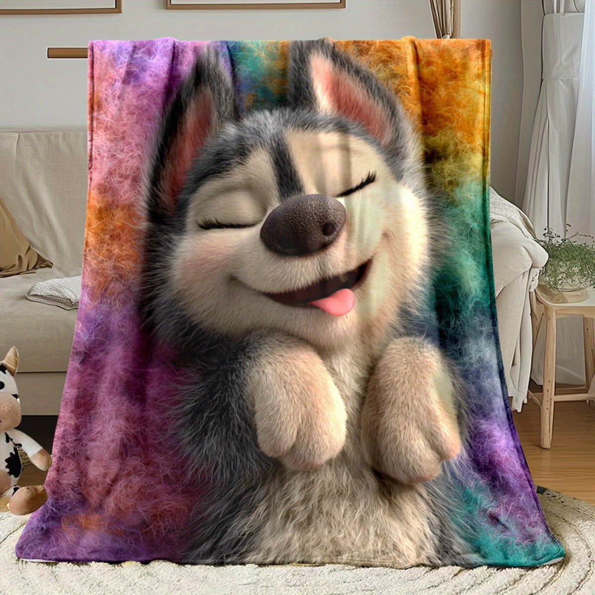 1pc Joyful Husky Print Blanket - Soft Polyester, All-Season Comfort Blanket for Home, Office, Travel, Camping | Vibrant Color Design, Camping Blanket|Playful Dog Design|Polyester Fiber, Husky