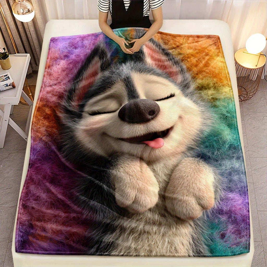 1pc Joyful Husky Print Blanket - Soft Polyester, All-Season Comfort Blanket for Home, Office, Travel, Camping | Vibrant Color Design, Camping Blanket|Playful Dog Design|Polyester Fiber, Husky
