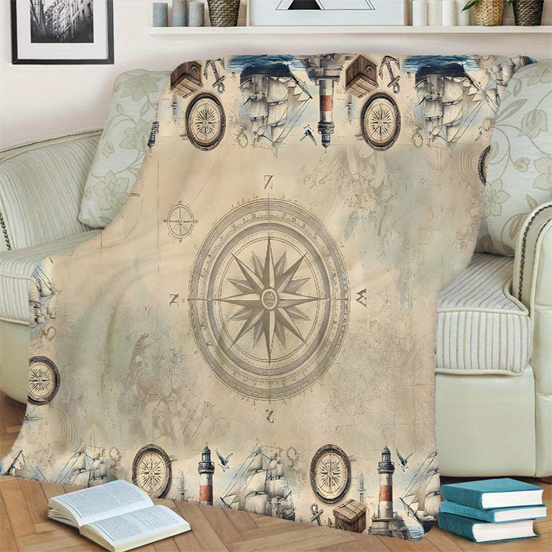1pc Nautical Retro Patterned Blanket, Nautical Style Design, Soft Plush Surface, Flannel Material Lightweight And Durable, Multiple Sizes Available, Ideal for Holiday Decor, Living Room Leisure, Bedroom Warmth, Study Reading, Seasonal Home Decor