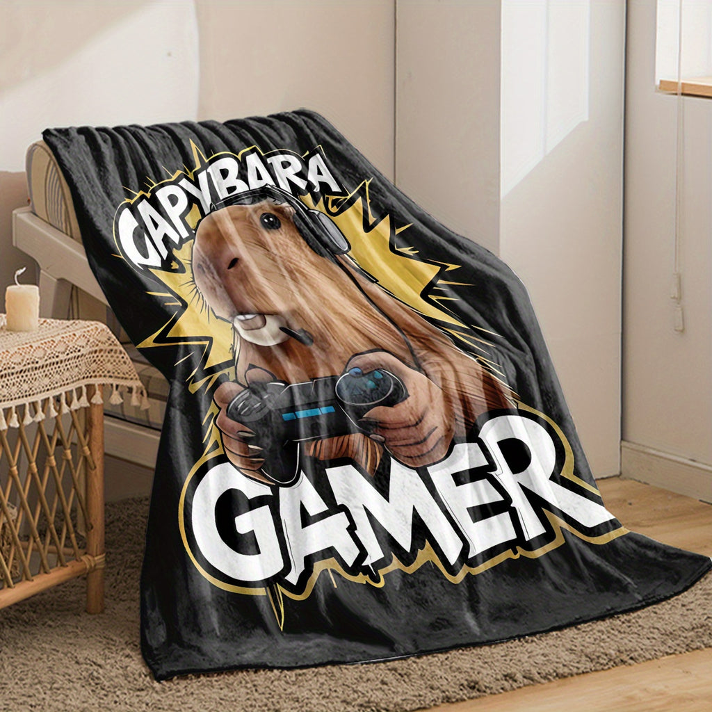 1pc Cartoon Flannel Blanket Featuring a Casual Capybara Game Design with Headphones And a Controller. This Soft And Warm Cozy Blanket Is Perfect for The Sofa,, Or Office, And Makes a Great Small Throw Or Nap Blanket
