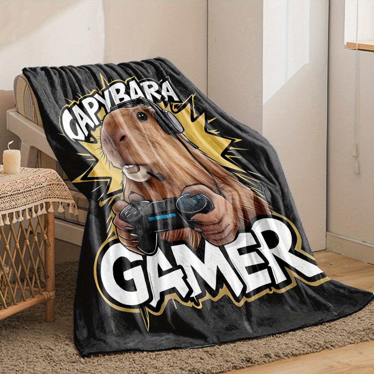 1pc Cartoon Flannel Blanket Featuring a Casual Capybara Game Design with Headphones And a Controller. This Soft And Warm Cozy Blanket Is Perfect for The Sofa,, Or Office, And Makes a Great Small Throw Or Nap Blanket